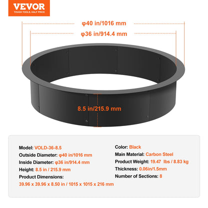 Fire Pit Ring Round 40” Outer 36” Inner Steel Liner DIY Campfire Firepit