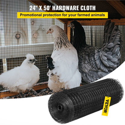 Hårdvaruduk, 24\" x50\' & 1\"x1\" maskstorlek, galvaniserat stål Vinylbelagd 16 gauge svetsad tråd med en skärtång och ett par tyghandskar, för trädgårdsstängsel och husdjursskåp, svart