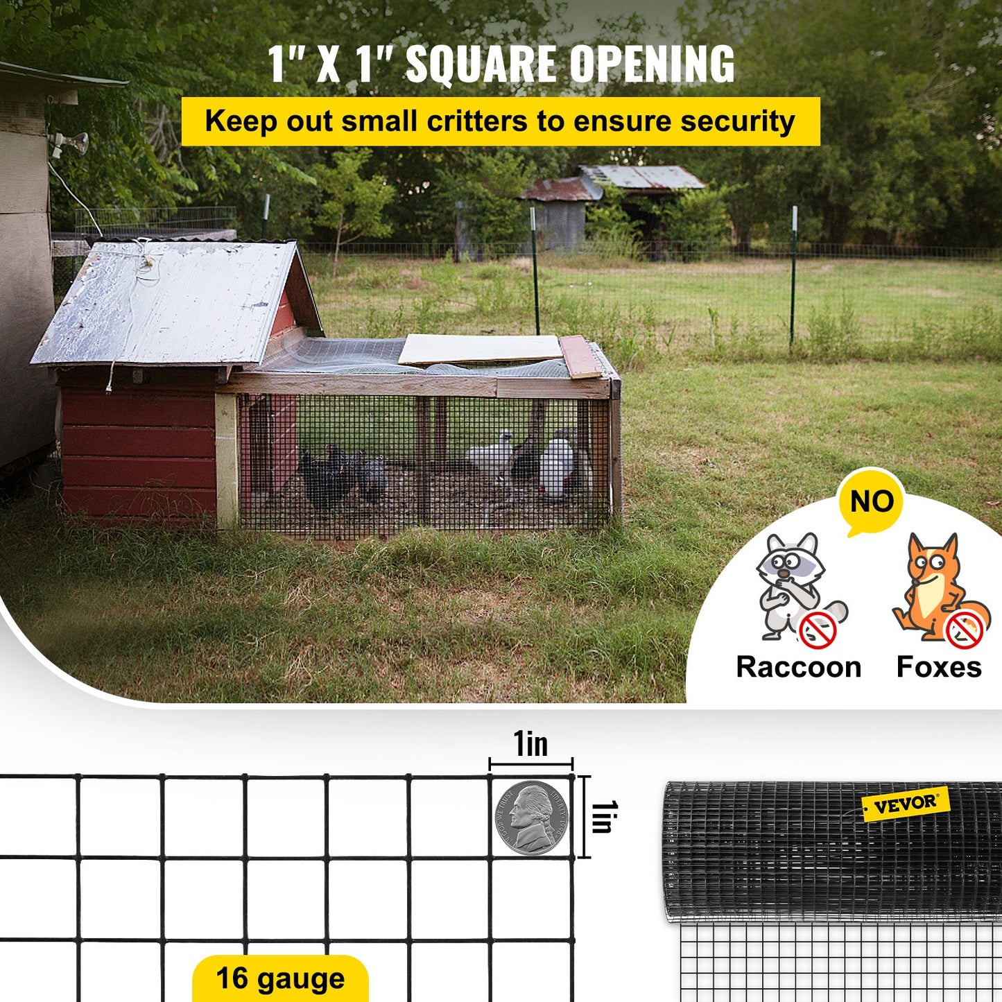Hårdvaruduk, 24\" x 100\' & 1\"x1\" maskstorlek, galvaniserat stål Vinylbelagd 16 gauge kycklingtrådsstängsel med en skärtång och ett par tyghandskar, för trädgårdsstängsel och husdjursinhägnader,