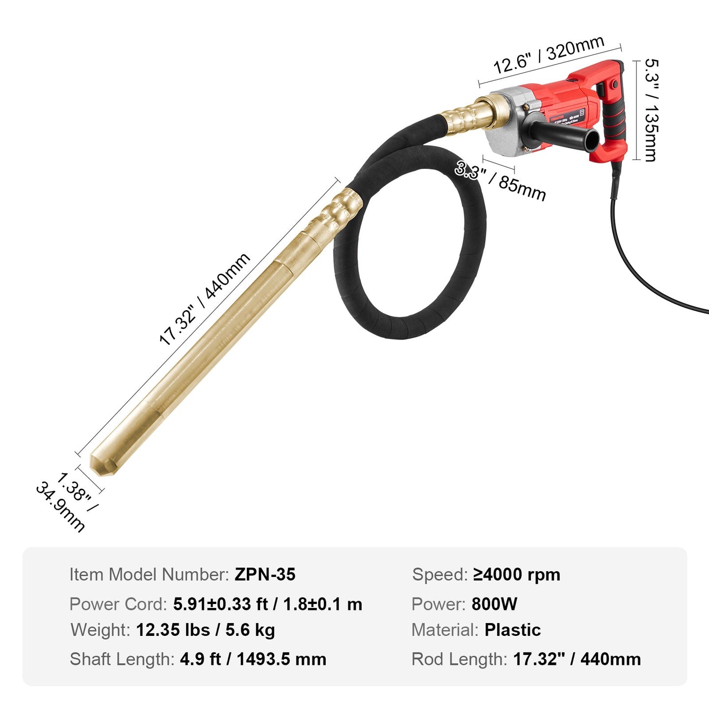 Handhållen elektrisk betongvibrator 800W 1,5M axelluftbubblorborttagare