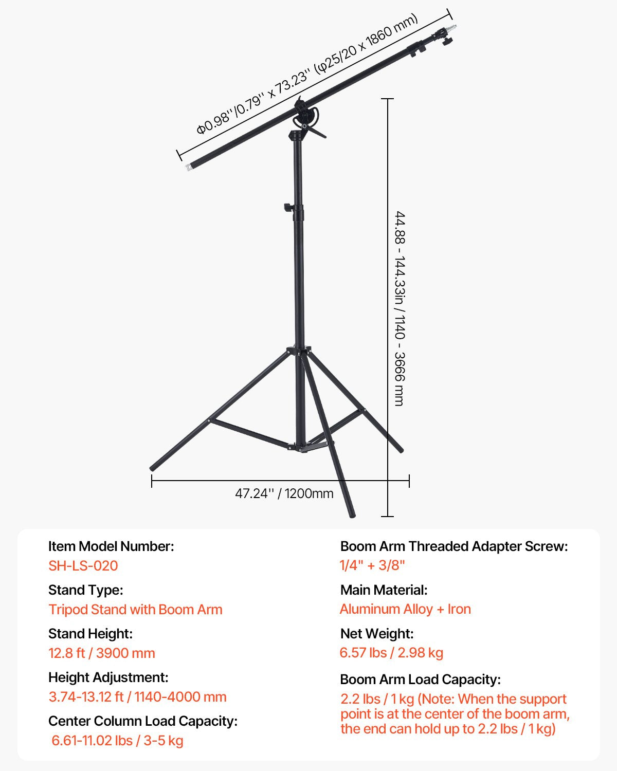 Air-cushioned aluminum photo light stand with adjustable boom arm