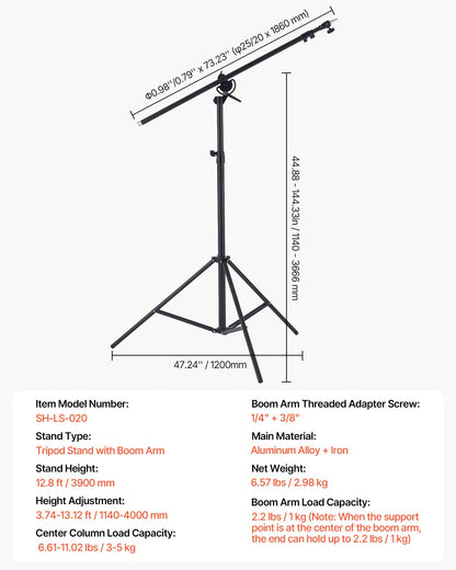 Air-cushioned aluminum photo light stand with adjustable boom arm