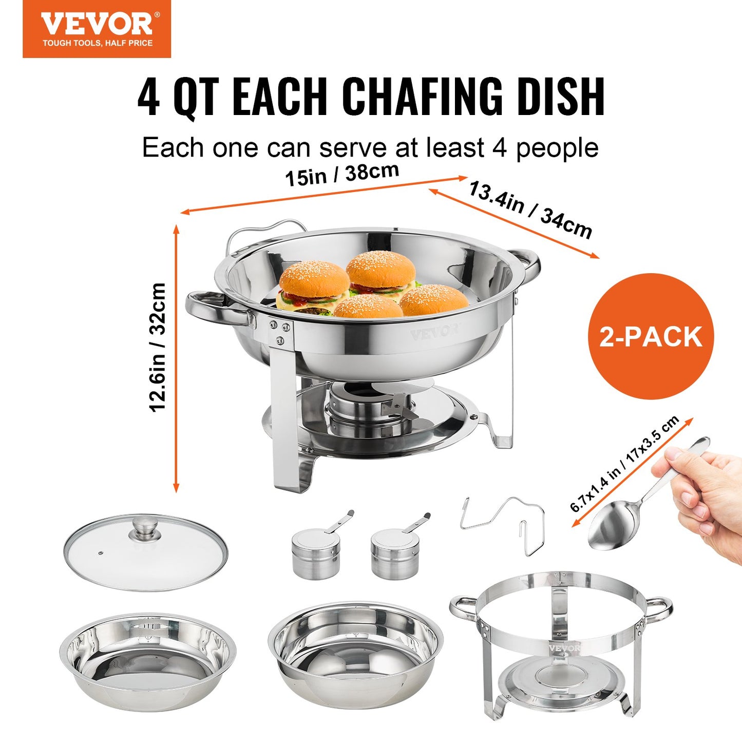 2-Pack Round Chafing Dish Set with Full Size Fuel Holder 4Qt Pan Glass Lid