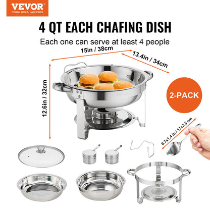 2-Pack Round Chafing Dish Set with Full Size Fuel Holder 4Qt Pan Glass Lid