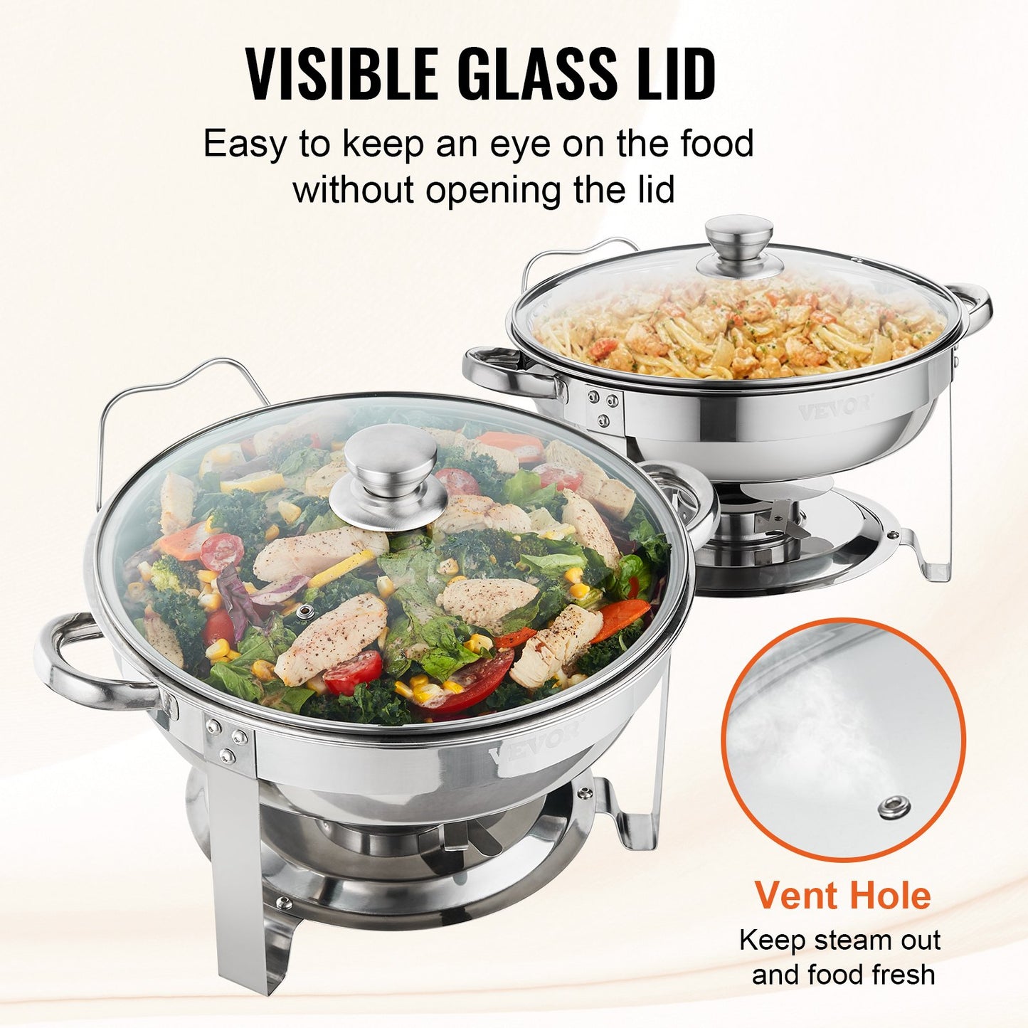 2-Pack Round Chafing Dish Set with Full Size Fuel Holder 4Qt Pan Glass Lid