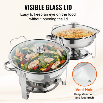 2-Pack Round Chafing Dish Set with Full Size Fuel Holder 4Qt Pan Glass Lid