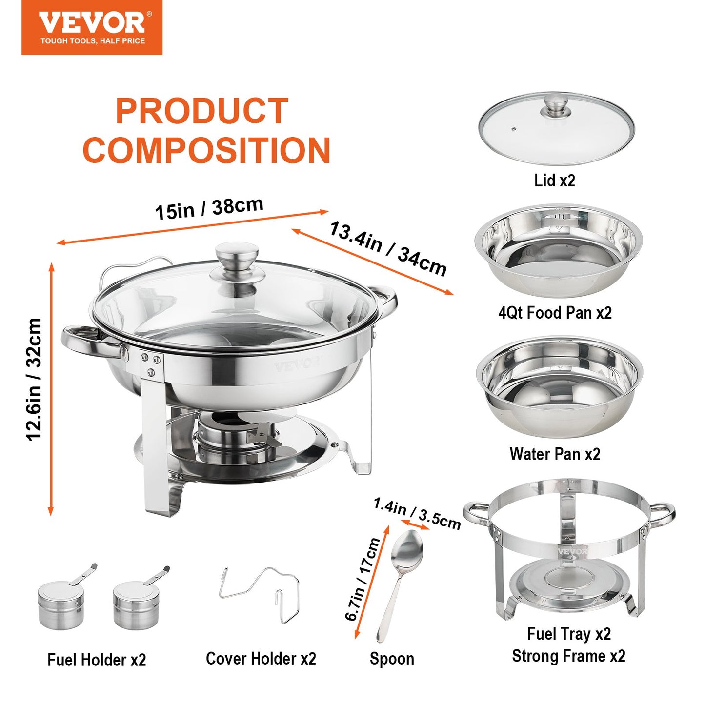 2-Pack Round Chafing Dish Set with Full Size Fuel Holder 4Qt Pan Glass Lid