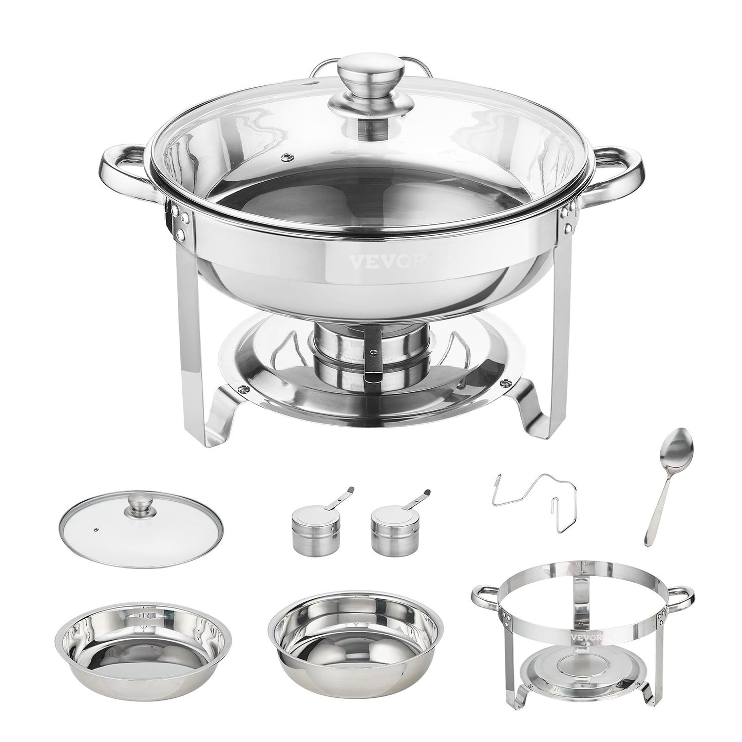 2-Pack Round Chafing Dish Set with Full Size Fuel Holder 4Qt Pan Glass Lid