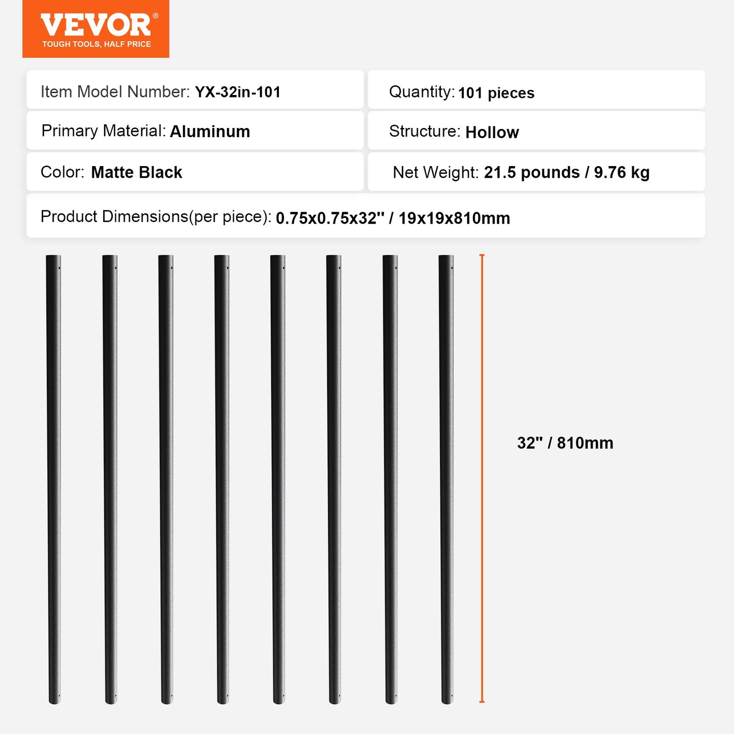 Staircase Metal Balusters, 3/4'' Round x 32'' Långa dekorativa räckespindlar i aluminium, 101-pack Däck Baluster med skruvar, Klassiskt håldäcksräcke Satin Black Pulverlackerad för veranda