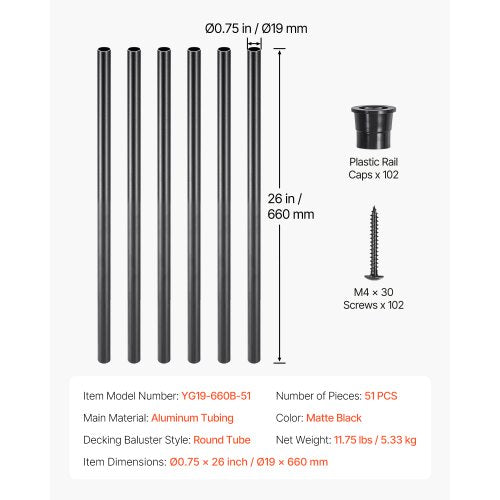 Staircase Balusters 51 Pack 26 in Aluminum Spindles with Screws/Rail Caps