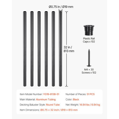 Staircase Balusters 51 Pack 32 i aluminiumspindlar med skruvar/skenor |  EU