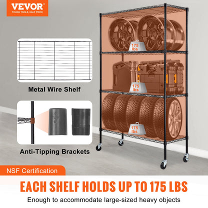 Förvaringshylla med hjul, 4-lagers justerbar, 700 lbs Kapacitet, Heavy Duty Garage Hyllor Metall Organizer Wire Rack, svart, 47,2" L x 17,7" B x 74" H för kök Pantry Basement Badrum