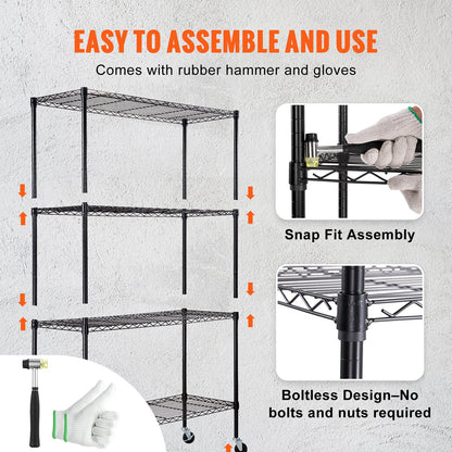 Förvaringshylla med hjul, 4-lagers justerbar, 700 lbs Kapacitet, Heavy Duty Garage Hyllor Metall Organizer Wire Rack, svart, 47,2" L x 17,7" B x 74" H för kök Pantry Basement Badrum