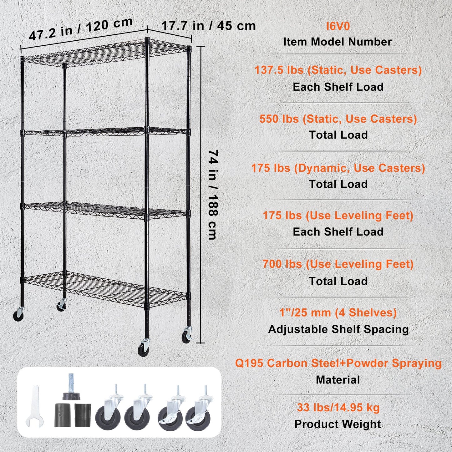 Förvaringshylla med hjul, 4-lagers justerbar, 700 lbs Kapacitet, Heavy Duty Garage Hyllor Metall Organizer Wire Rack, svart, 47,2" L x 17,7" B x 74" H för kök Pantry Basement Badrum