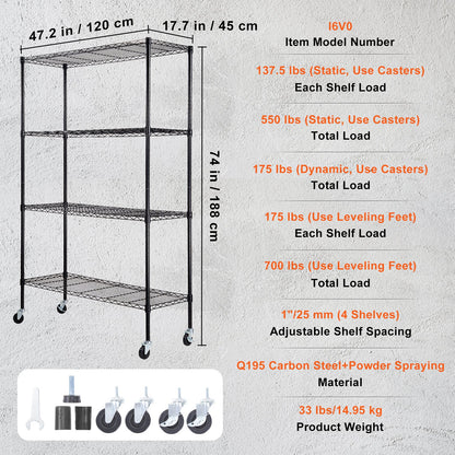 Förvaringshylla med hjul, 4-lagers justerbar, 700 lbs Kapacitet, Heavy Duty Garage Hyllor Metall Organizer Wire Rack, svart, 47,2" L x 17,7" B x 74" H för kök Pantry Basement Badrum