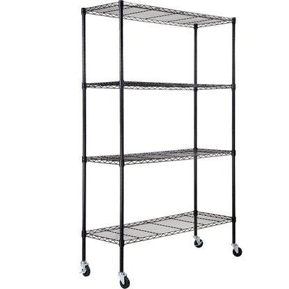 Förvaringshylla med hjul, 4-lagers justerbar, 700 lbs Kapacitet, Heavy Duty Garage Hyllor Metall Organizer Wire Rack, svart, 47,2" L x 17,7" B x 74" H för kök Pantry Basement Badrum
