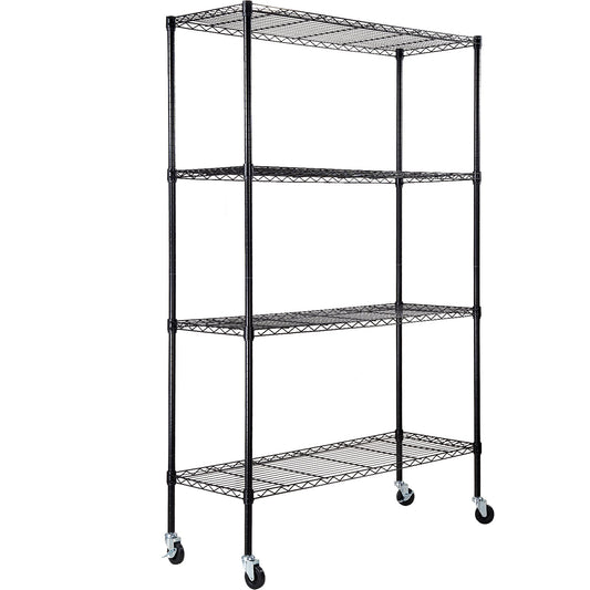 Förvaringshylla med hjul, 4-lagers justerbar, 700 lbs Kapacitet, Heavy Duty Garage Hyllor Metall Organizer Wire Rack, svart, 47,2" L x 17,7" B x 74" H för kök Pantry Basement Badrum
