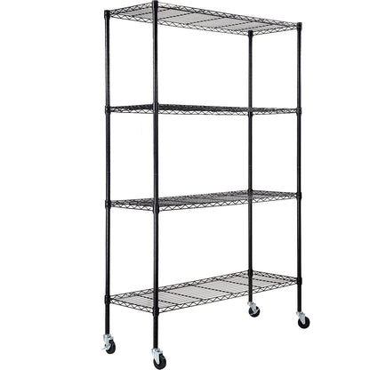 Förvaringshylla med hjul, 4-lagers justerbar, 700 lbs Kapacitet, Heavy Duty Garage Hyllor Metall Organizer Wire Rack, svart, 47,2" L x 17,7" B x 74" H för kök Pantry Basement Badrum