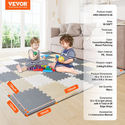 Kids Foam Puzzle Floor Play Mat 0.4 in 36pcs Interlocking EVA Soft Tiles