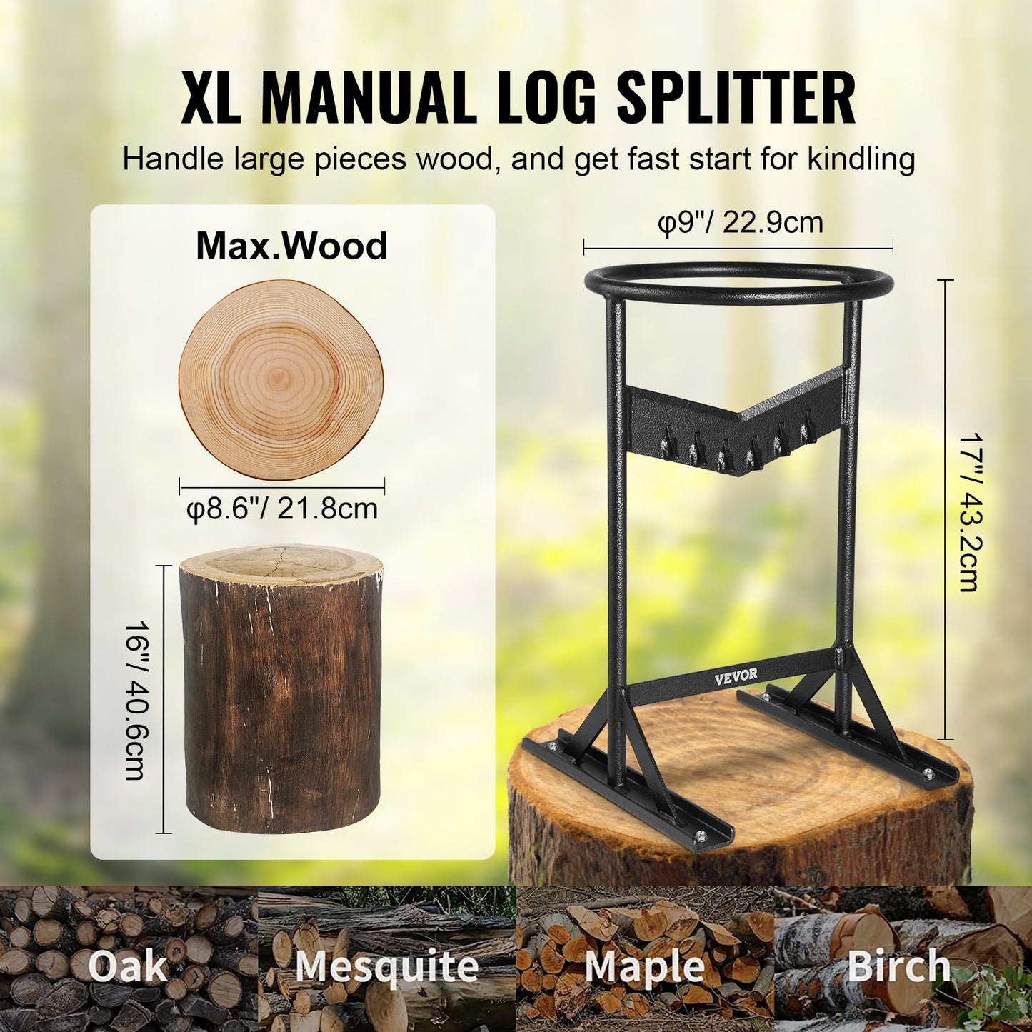 Log Splitter, XL Log Splitter for 8.6 inch Dia. Wood, Portable "V" Shaped Finger Safe Log Splitter, Heavy Duty Solid Steel Wedge Machine, Manual Log Splitter, with Protective Bag for Home Camping
