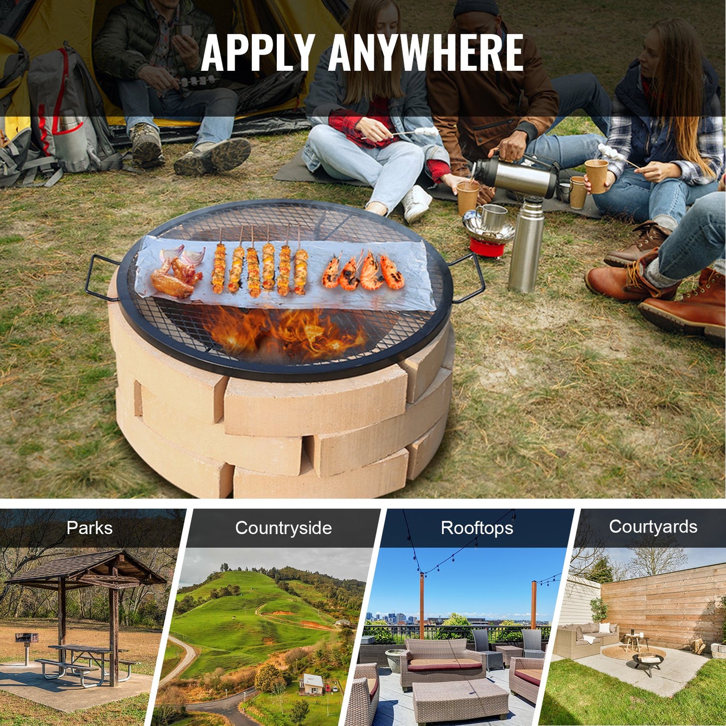 X-Marks Fire Pit Grill Galler, Runt Matlagningsgaller, Heavy Duty Steel Campfire BBQ Grill Galler med handtag och stöd X Wire, Bärbar Camping Köksredskap för utomhusfest och sammankomst, 30 tum svart