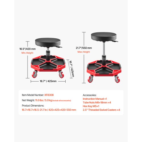 Rolling Mechanic Stool Adjustable Garage Seat 300 lbs Load with Wheels | EU