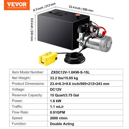 Hydraulpump 15 Quarts Dubbelverkande Dump Trailer Pump Power Unit DC 12V