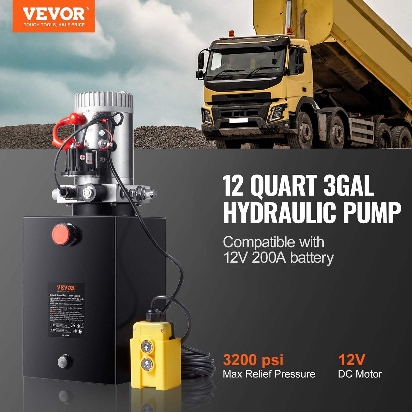 Hydraulic pump 12 Quarts single acting tipper pump Power Unit DC 12V