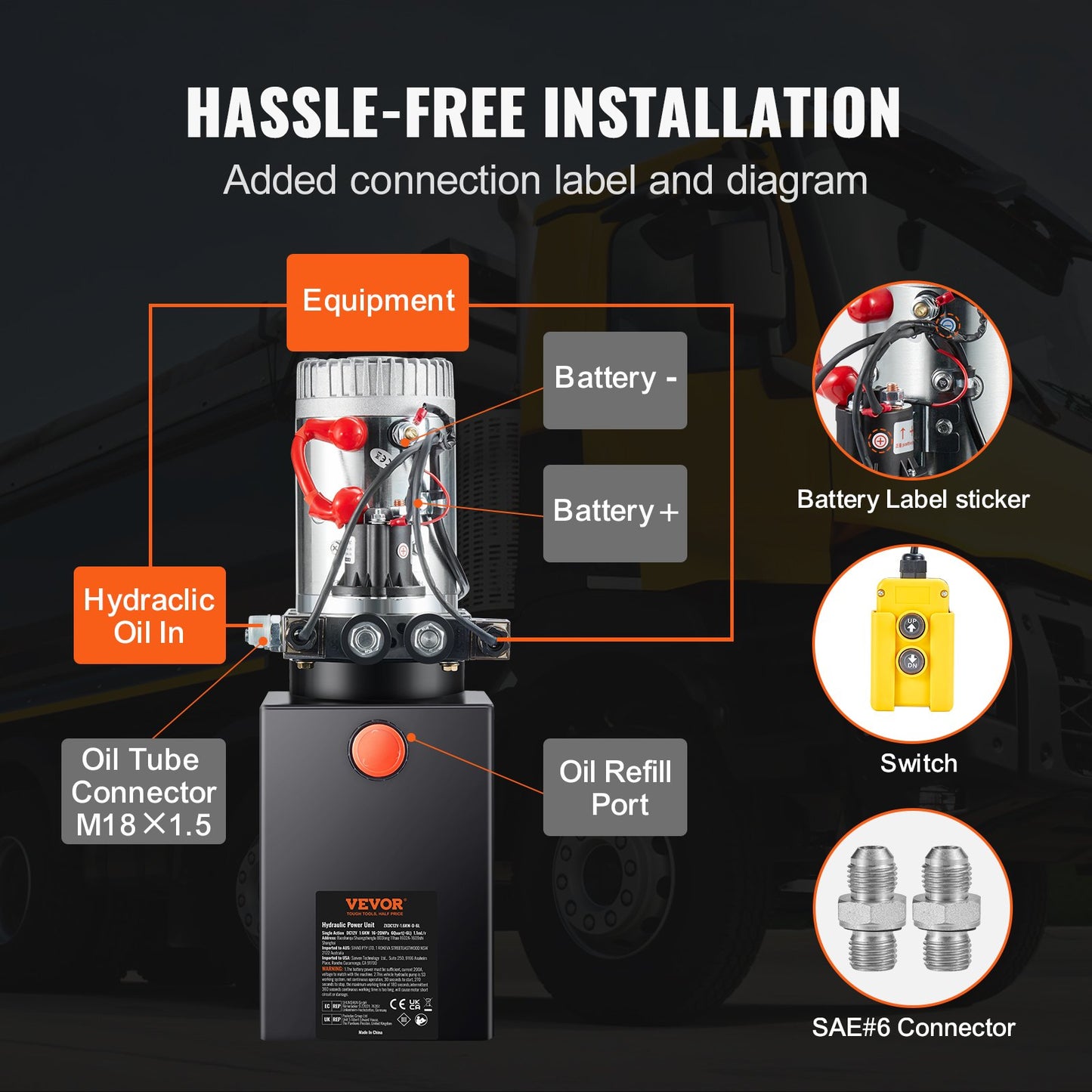 Hydraulic Pump 6 Quarts Double Acting Dump Truck Pump Power Unit DC 12V