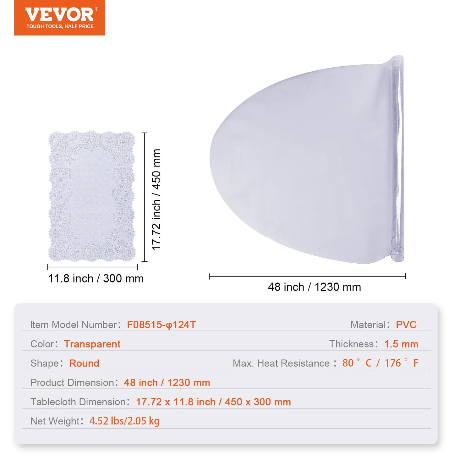 Klart bordsskydd, 48 tum/1230 mm runt bordsöverdrag, 1,5 mm tjock PVC-plastduk, vattentätt skrivbordsskydd för skrivbord, soffbord, matsalsbord