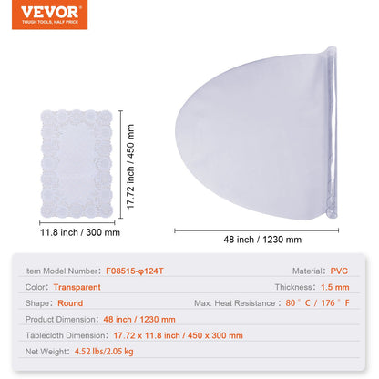 Klart bordsskydd, 48 tum/1230 mm runt bordsöverdrag, 1,5 mm tjock PVC-plastduk, vattentätt skrivbordsskydd för skrivbord, soffbord, matsalsbord