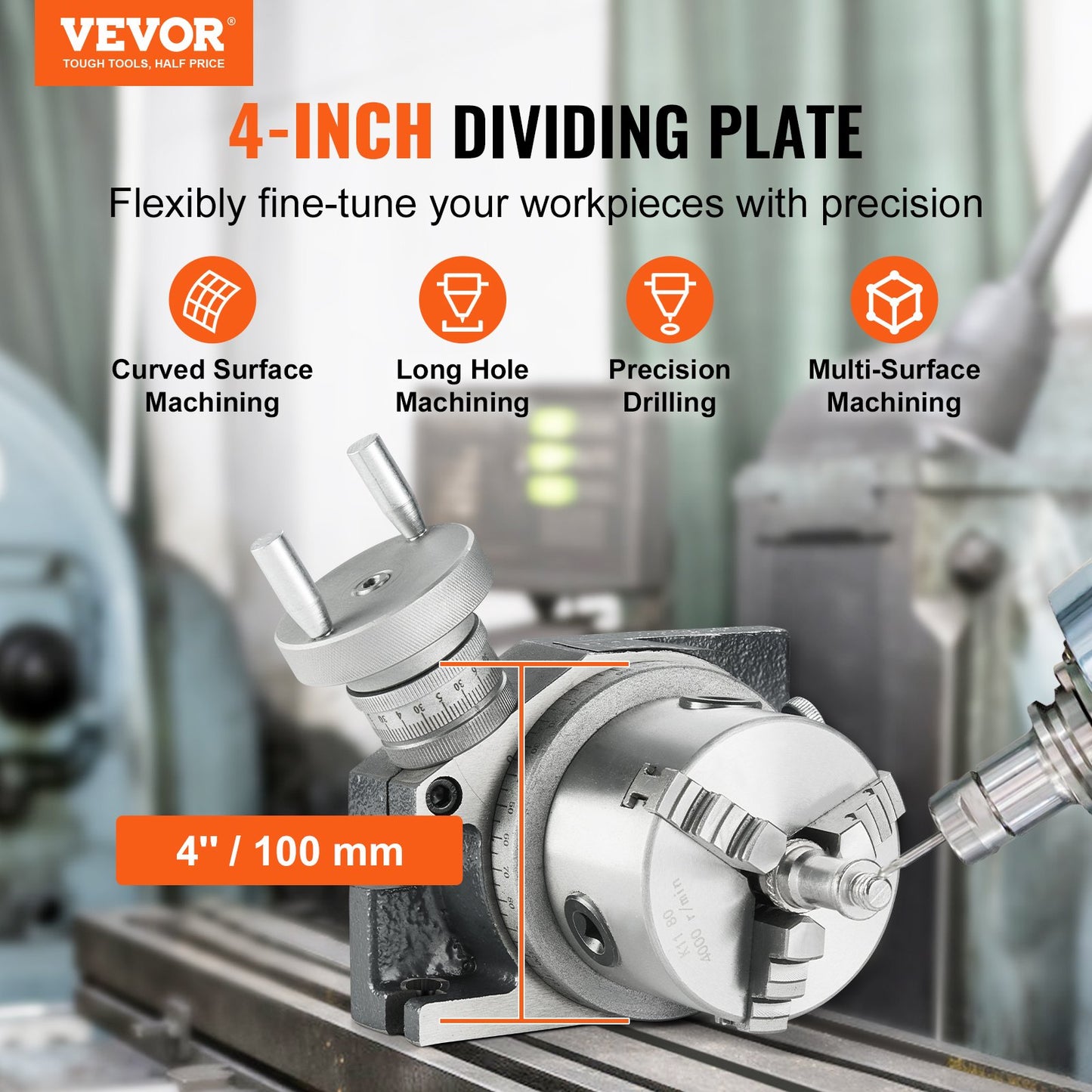 Rotary table for milling machines, 100 mm, horizontal vertical model Precision milling rotary table, with 80 mm 3-jaw chuck M10 T-bolts nuts, for milling indexing tools