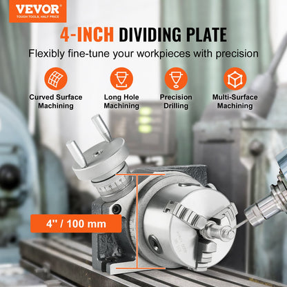 Rotary table for milling machines, 100 mm, horizontal vertical model Precision milling rotary table, with 80 mm 3-jaw chuck M10 T-bolts nuts, for milling indexing tools
