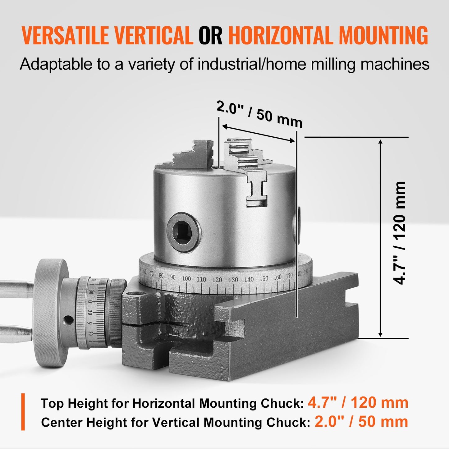 Rotary table for milling machines, 100 mm, horizontal vertical model Precision milling rotary table, with 80 mm 3-jaw chuck M10 T-bolts nuts, for milling indexing tools