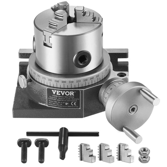 Rotary table for milling machines, 100 mm, horizontal vertical model Precision milling rotary table, with 80 mm 3-jaw chuck M10 T-bolts nuts, for milling indexing tools