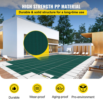 Pool Safety Cover Fits 16x32ft Rectangular Inground Pools, Safety Pool Cover with 4x10ft Middle End Step, Mesh Solid Pool Cover with Drainage Holes for Swimming Pool, Winter Safety Cover, Green