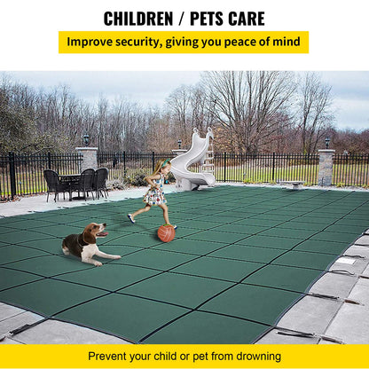 Pool Safety Cover Fits 16x32ft Rectangular Inground Pools, Safety Pool Cover with 4x10ft Middle End Step, Mesh Solid Pool Cover with Drainage Holes for Swimming Pool, Winter Safety Cover, Green