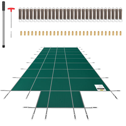 Pool Safety Cover Fits 16x32ft Rectangular Inground Pools, Safety Pool Cover with 4x10ft Middle End Step, Mesh Solid Pool Cover with Drainage Holes for Swimming Pool, Winter Safety Cover, Green