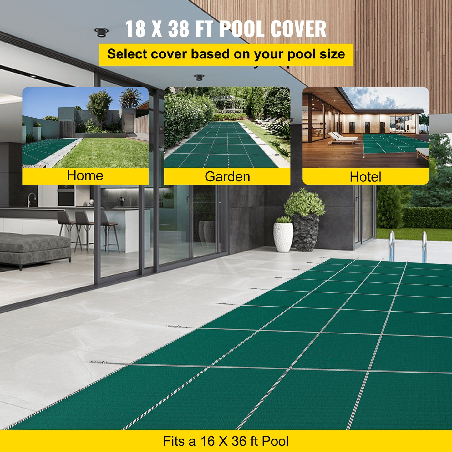 Poolskyddsskydd 18x38 ft, Inground Pool Cover Passar 16x36 ft Pool, Rektangel Inground Säkert Poolskydd Grönt nät Solid Pool Säkerhetsskydd för Pool Vintersäkerhetsöverdrag
