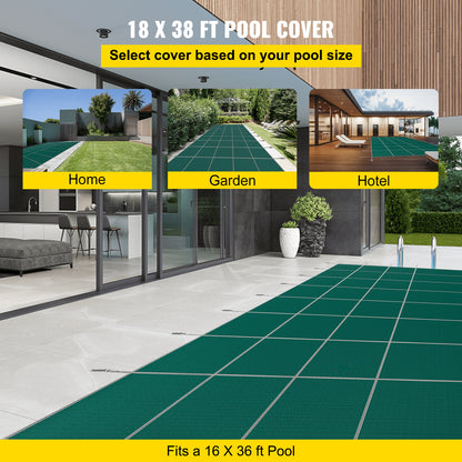 Poolskyddsskydd 18x38 ft, Inground Pool Cover Passar 16x36 ft Pool, Rektangel Inground Säkert Poolskydd Grönt nät Solid Pool Säkerhetsskydd för Pool Vintersäkerhetsöverdrag