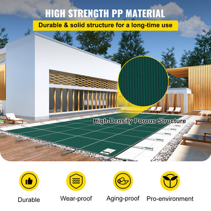 Poolskyddsskydd 18x38 ft, Inground Pool Cover Passar 16x36 ft Pool, Rektangel Inground Säkert Poolskydd Grönt nät Solid Pool Säkerhetsskydd för Pool Vintersäkerhetsöverdrag