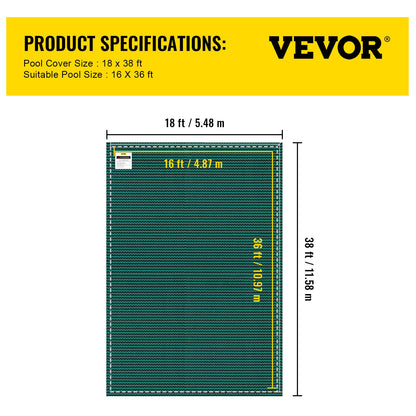Poolskyddsskydd 18x38 ft, Inground Pool Cover Passar 16x36 ft Pool, Rektangel Inground Säkert Poolskydd Grönt nät Solid Pool Säkerhetsskydd för Pool Vintersäkerhetsöverdrag