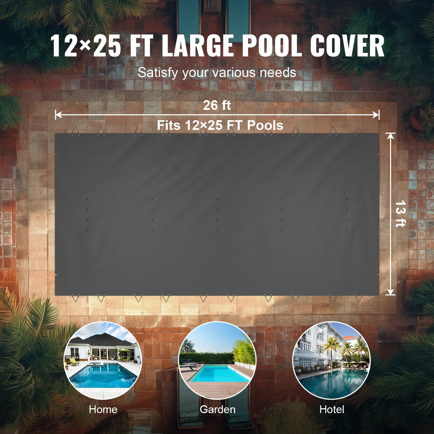Poolskyddsskydd, 13x26 ft Poolskydd i marken, Träkol Poolskydd i marken, PVC Poolskydd Rektangulärt Säkerhetspoolskydd Solid Säkerhetspoolskydd för Vinterskyddsskydd för swimmingpool