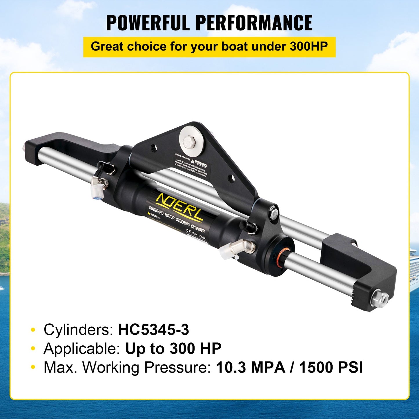 Hydraulic Steering Cylinder 300HP, Hydraulic Steering Front Mount Hydraulic Outboard Marine Steering Kit Without Hydraulic Hose And Rudder For Outboard Boat Steering System
