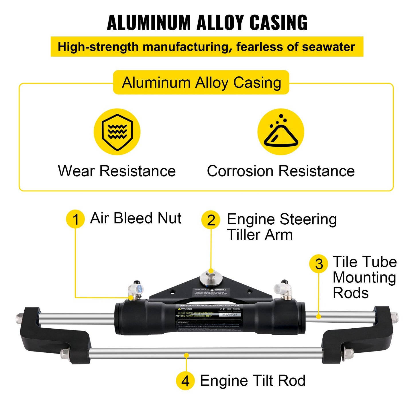 Hydraulic Steering Cylinder 300HP, Hydraulic Steering Front Mount Hydraulic Outboard Marine Steering Kit Without Hydraulic Hose And Rudder For Outboard Boat Steering System