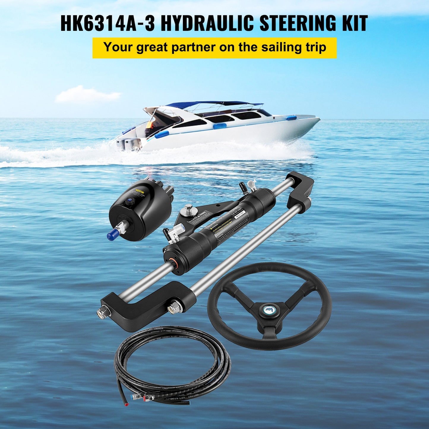 Hydraulic Boat Steeing Kit, 300HP Hydraulic Steering Kit Rudder Pump, Hydraulic Outboard Steering Kit with 14ft Hydraulic Steering Hose for Boat Steering System