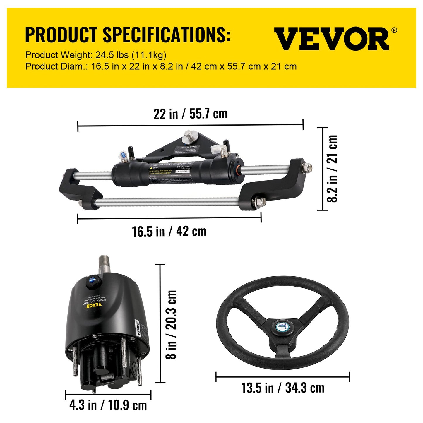 Hydraulic Outboard Steering Kit 300HP, Hydraulic Steering Kit Helm Pump, Hydraulic Boat Steering Kit with 16ft Hydraulic Steering Hose for Boat Steering System