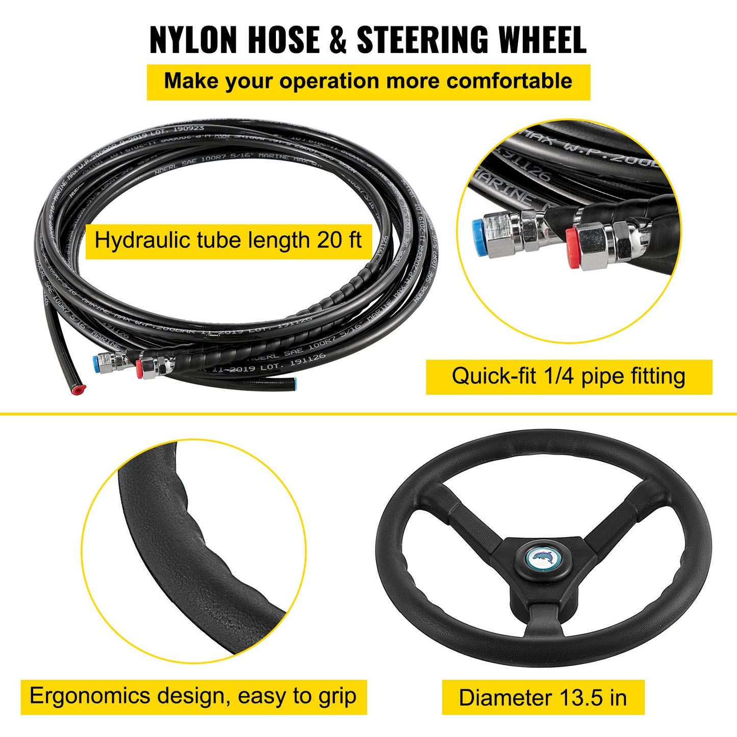 Hydraulic Boat Steering Kit 300HP, Hydraulic Steering Kit Helm Pump, Hydraulic outboard steering kit with 20 feet hydraulic steering hose for boat steering system