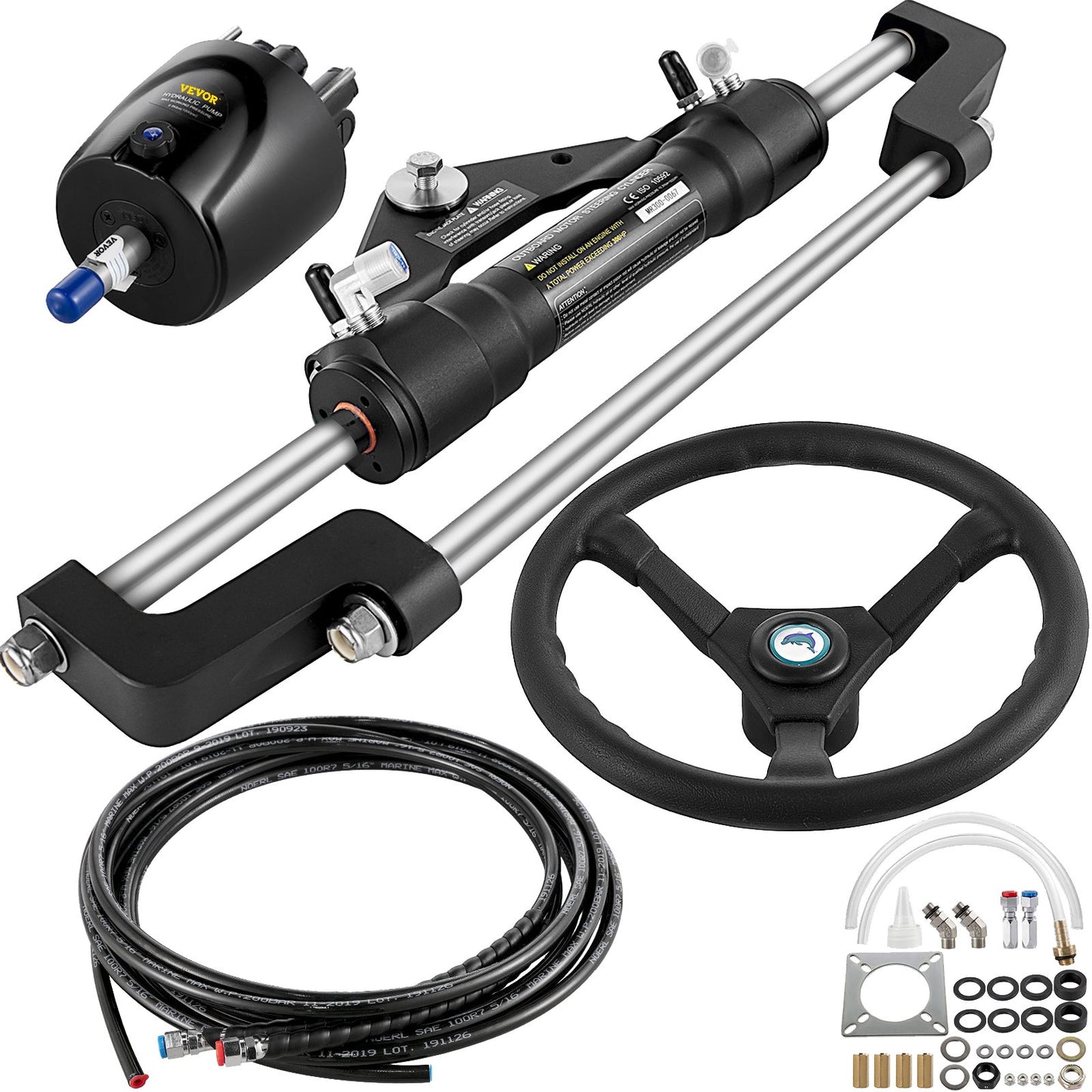 Hydraulic Boat Steering Kit 300HP, Hydraulic Steering Kit Helm Pump, Hydraulic outboard steering kit with 20 feet hydraulic steering hose for boat steering system