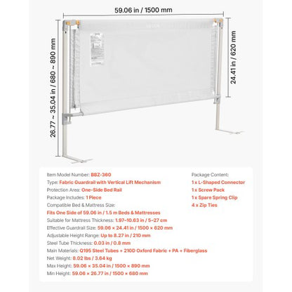 Sänggrind för småbarn, skyddsräcke för barnsängar med förstärkt järnrör och oxfordtyg, justerbart sängräcke på sidan, bärbart skyddsräcke för spjälsäng, våningssäng, 1500 x 890 mm, 1 styck |  EU